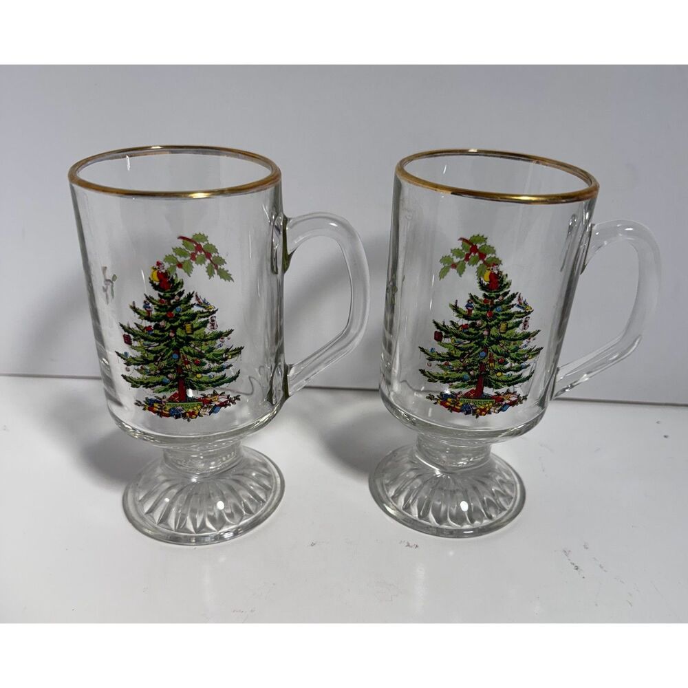 Spode Christmas Tree Footed Goblet Glasses 7" Tall Set of 2 Gold Rim
